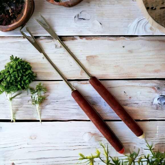 2 Teak Fondue Forks Skewers Picks Appetizer Cocktail Seafood Stainless Steel - Picture 1 of 16